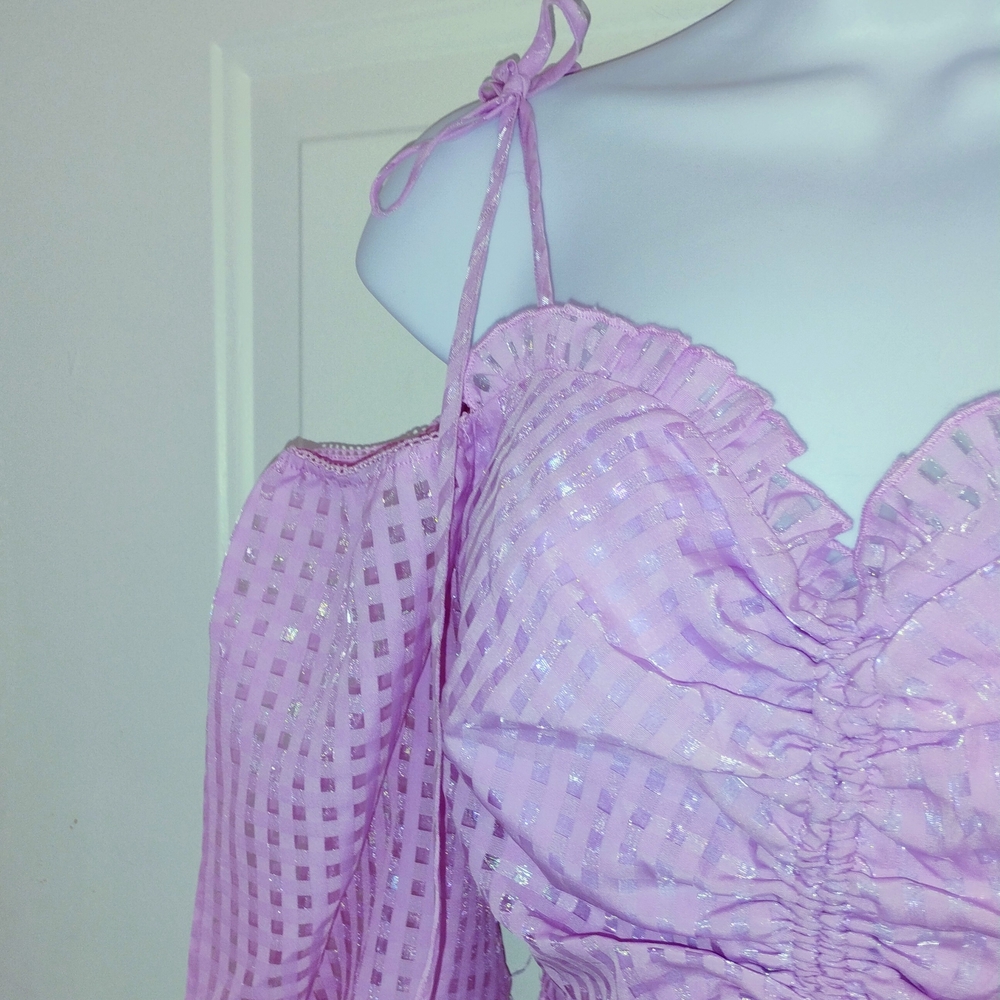 Sugar Thrillz Lilac Ruched Textured Off Shoulder Blouse - Picture 2 of 5
